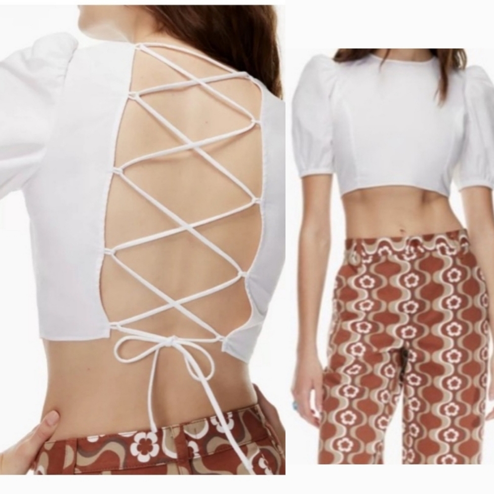Aritzia Sunday Best Isley Open Back Lace Puff Sleeve White Top XS